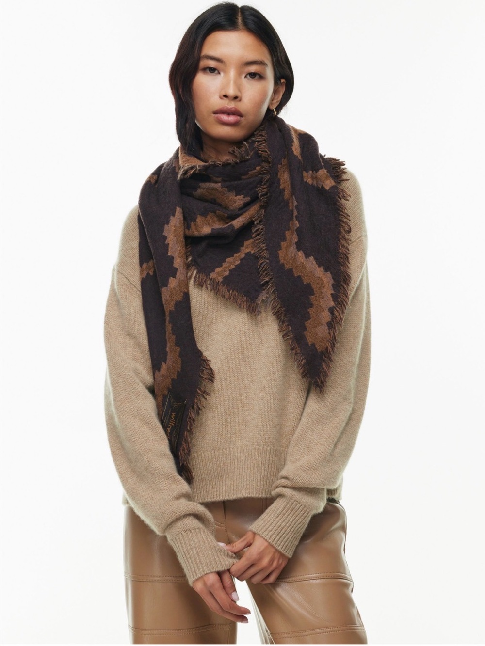Wilfred Artitzia Wool Diamond Mosaic Navy and Brown Wool Blanket Scarf